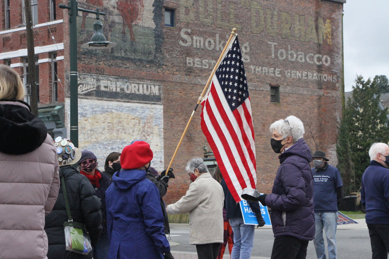 Demonstrators gather at Pope Marine Park in Port Townsend to show their support for the newly elected president and vice president on Inauguration Day