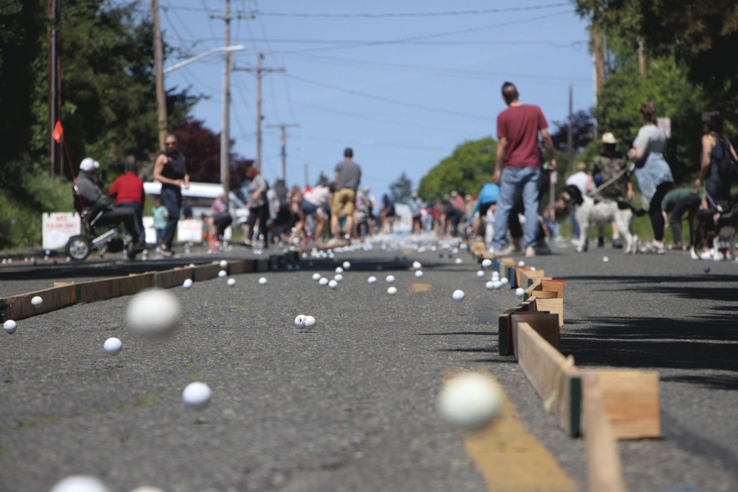 Golf balls bounce down Monroe Street.