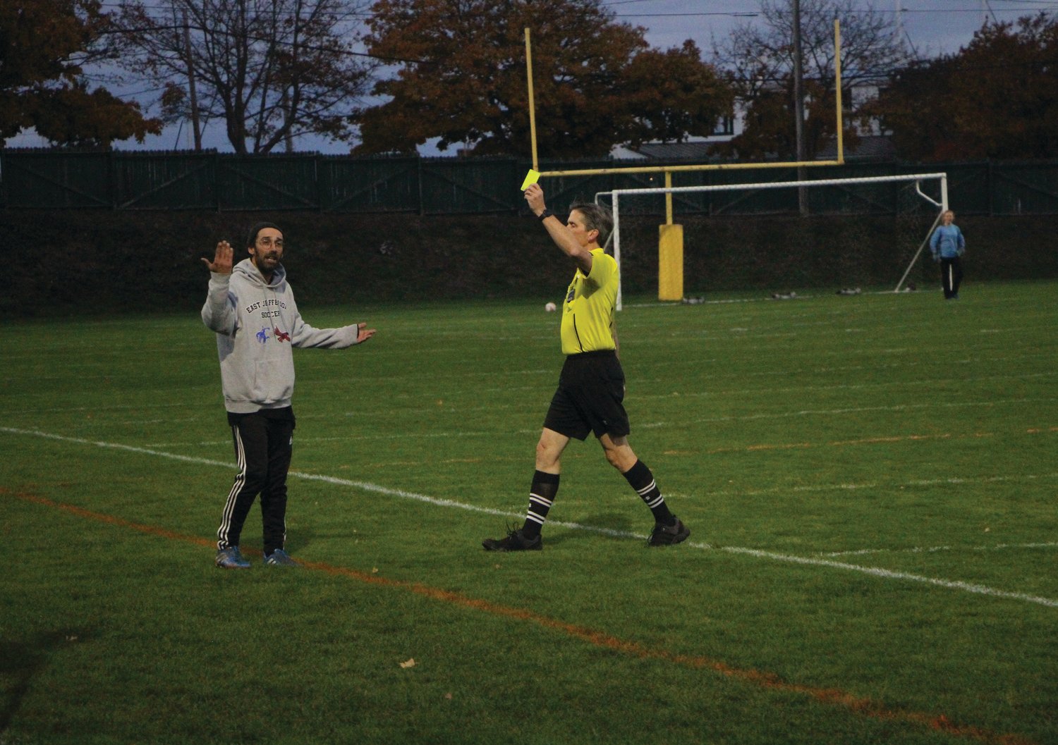 Head coach Robert Cantley was disciplined with a yellow card after arguing with the referee over a possible handball before Vashon Island’s first goal of the night.