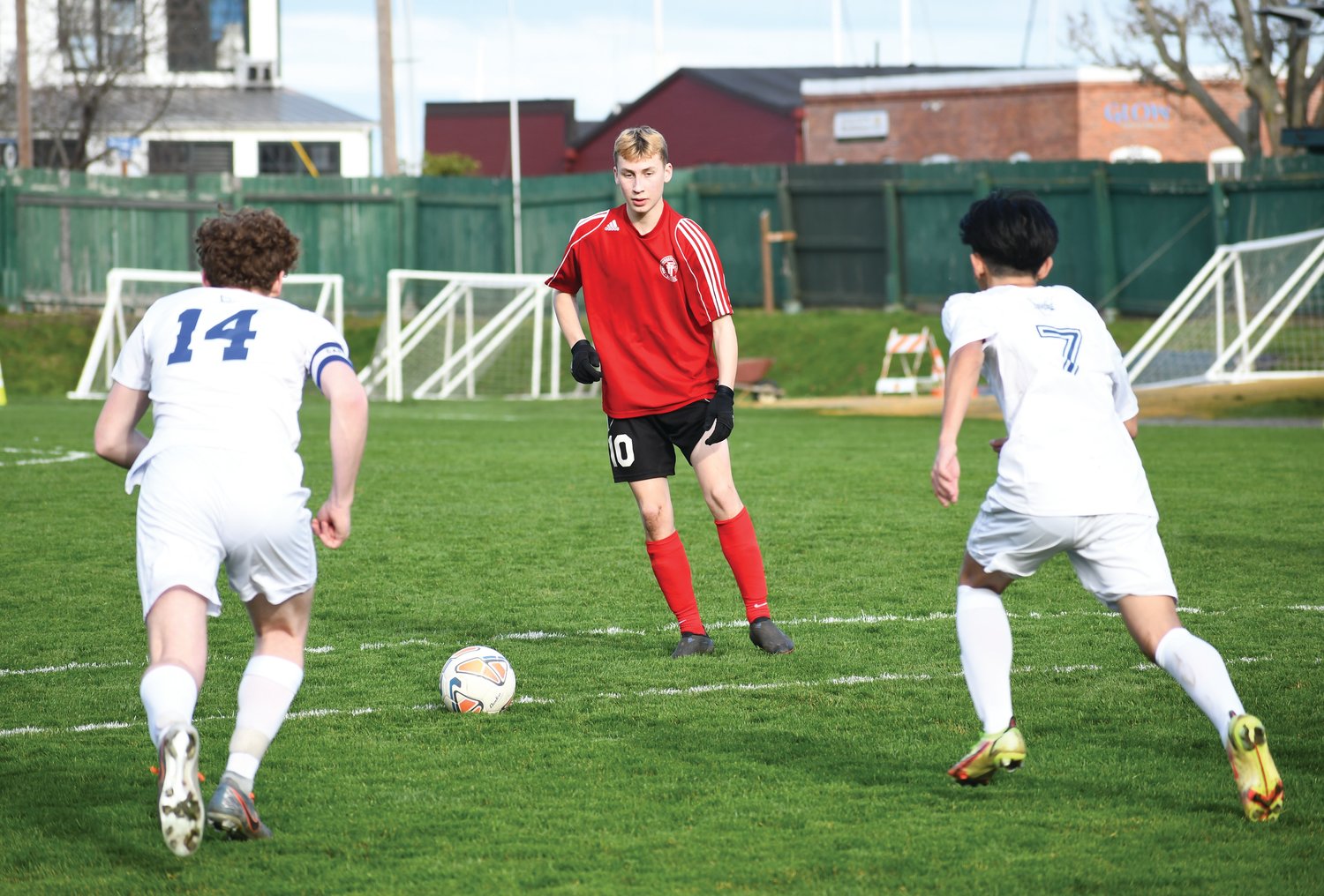Rivals junior Connor Scanlon prepares for a shot from a free kick during the second half.