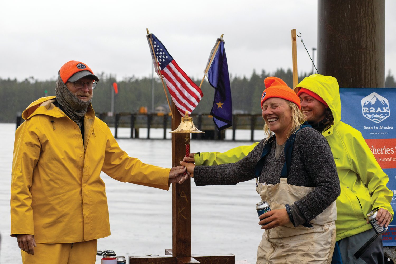 Members of Team Sockeye Voyages celebrate in Ketchikan, Alaska after finally reaching the finish line in the 2022 Race to Alaska.